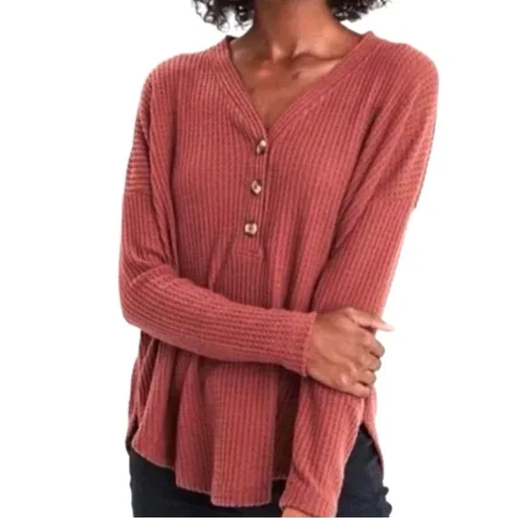 American Eagle Outfitters Soft Sexy Plush Waffle Knit Slouchy Henley - Picture 1 of 2